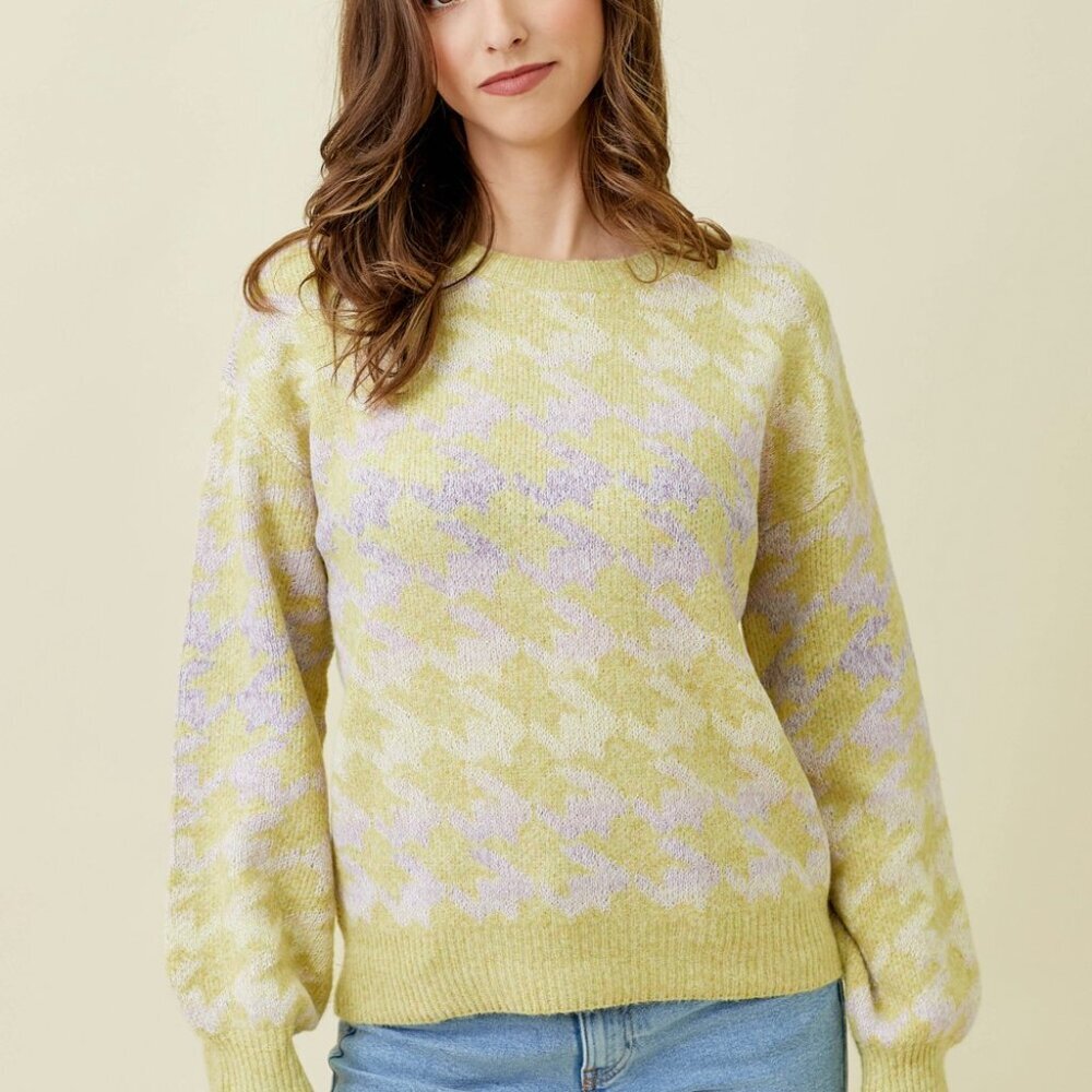 MYSTREE Pastel Houndstooth Sweater | Lemon & Lilac Knit Pullover - Picture 2 of 7